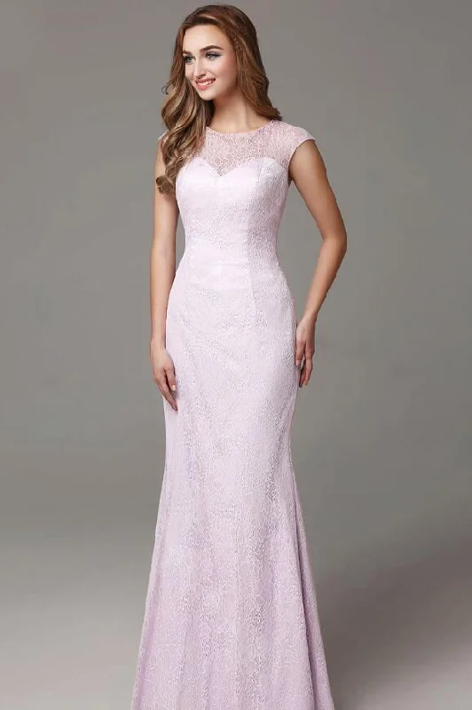 Crew Neck Cap Sleeves Lavender Lace Evening Dresses