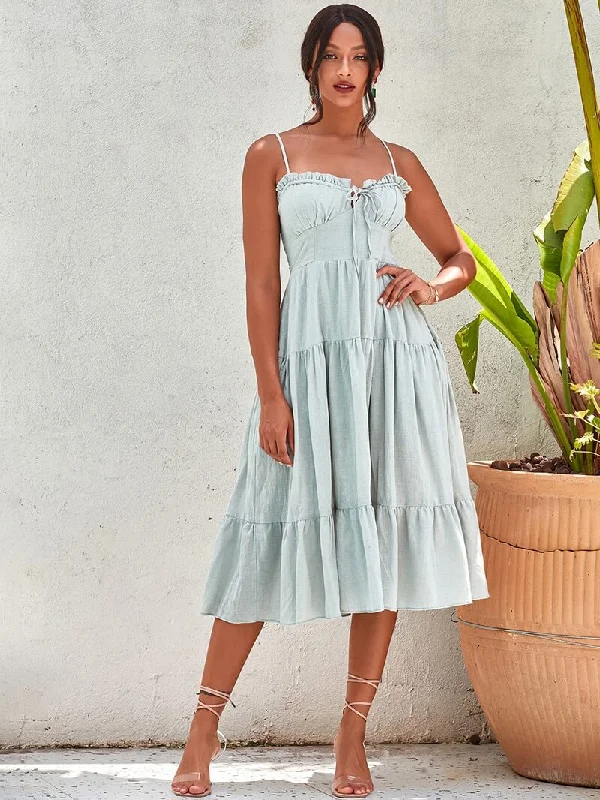 Estrid Pale Green Ruffle Midi Summer Dress