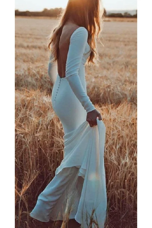 Close-fitting Simple Long-sleeves Bridal Dresses Open Back