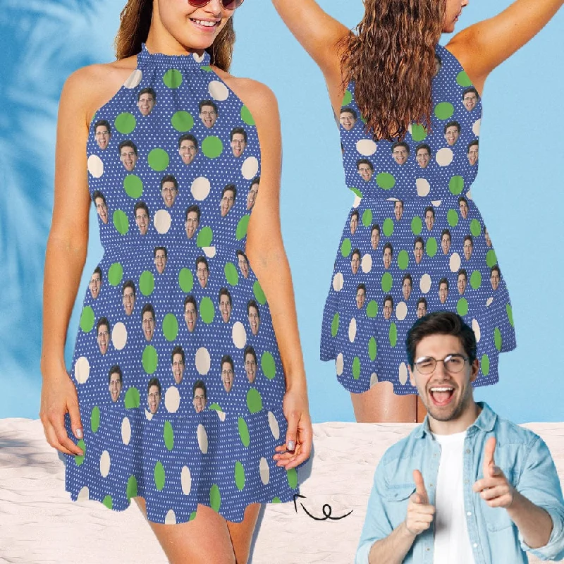 Custom Face Blue Polka Dots Women's High Neck Sleeveless Off-shoulder Casual Dress