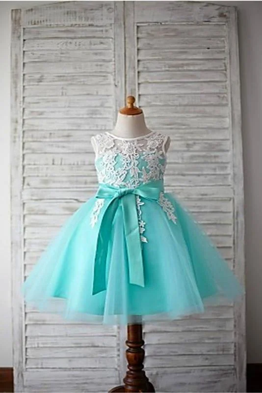 Blue Ball Gown Scoop Sleeveless Bowknot Floor-Length Tulle Appliques Flower Girl Dresses DM722