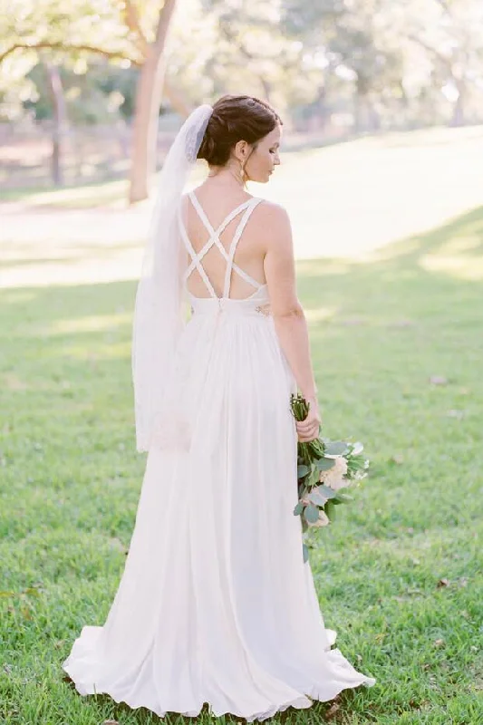 Bold V-neck Floor Length Destination Bridal Dress Wedding Crisscross Back