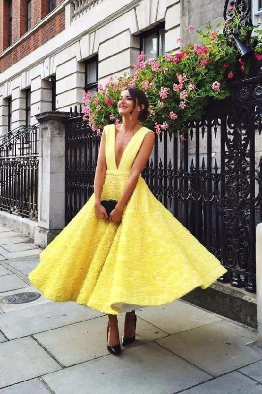 Yellow Lace A Line Deep V Neck Prom Dress,Homecoming Dresses DM977