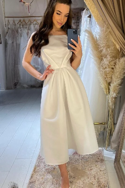 Boat Neck Satin Informal Bride Dress Tea-Length