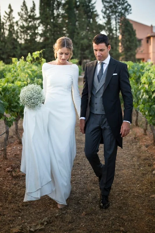 Buttons Long Sleeves Modest Sheath Bridal Dress Wedding