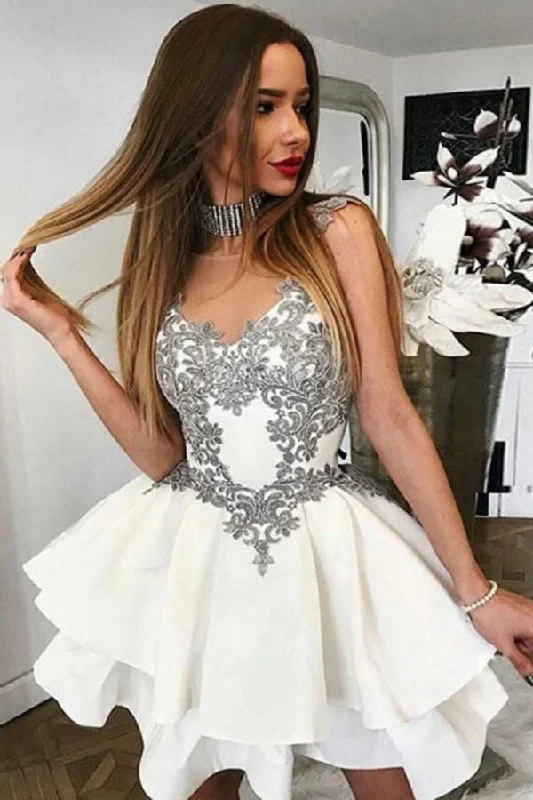 A-Line Round Neck Off White Satin Mini Homecoming Dress with Appliques DMA60