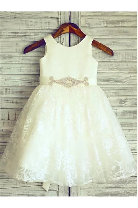Ivory A-line Scoop Lace Sleeveless Floor-Length Beading Flower Girl Dresses DM717