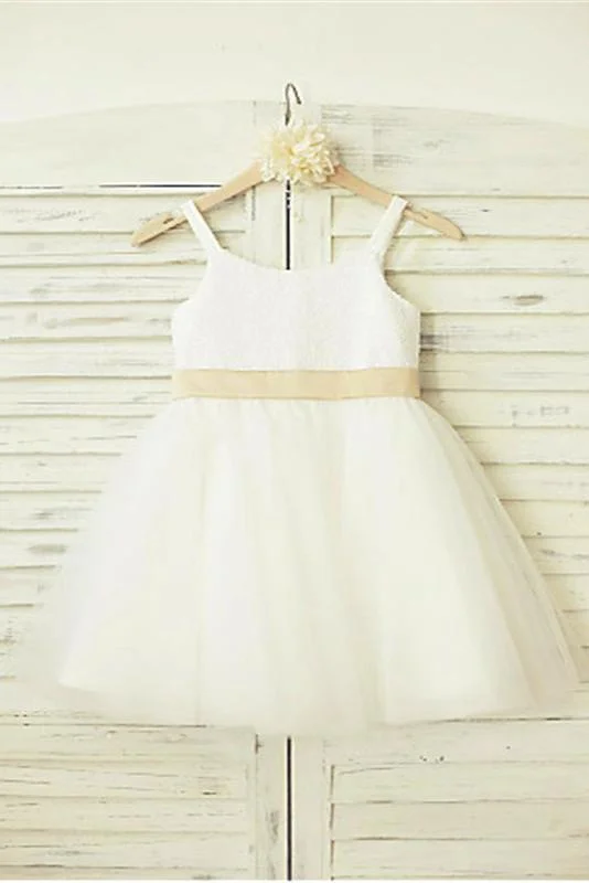 Cute A-line Spaghetti Straps Sleeveless Bowknot Floor-Length Tulle Flower Girl Dresses DM719
