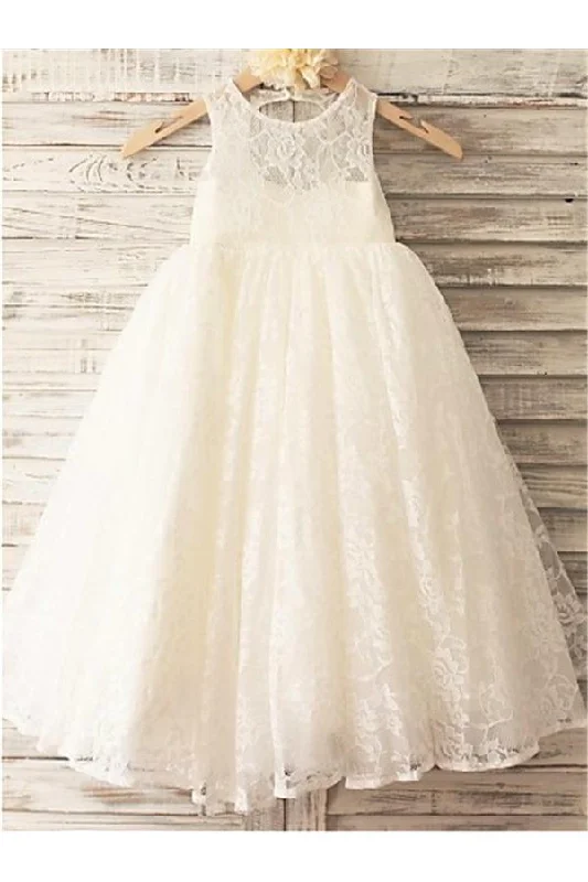 Ivory A-line Scoop Sleeveless Floor-Length Lace Flower Girl Dresses DM718
