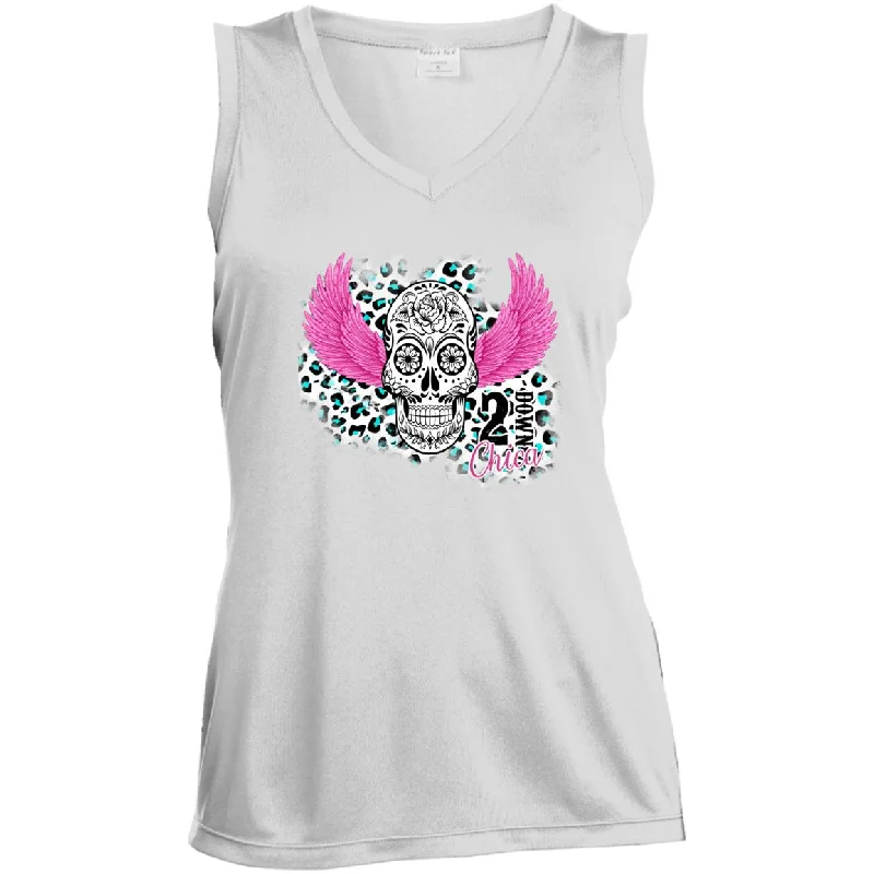 2 Down Chica  Ladies' Sleeveless V-Neck Performance Tee Notch Collar Peter Pan Collar Cowl Neck