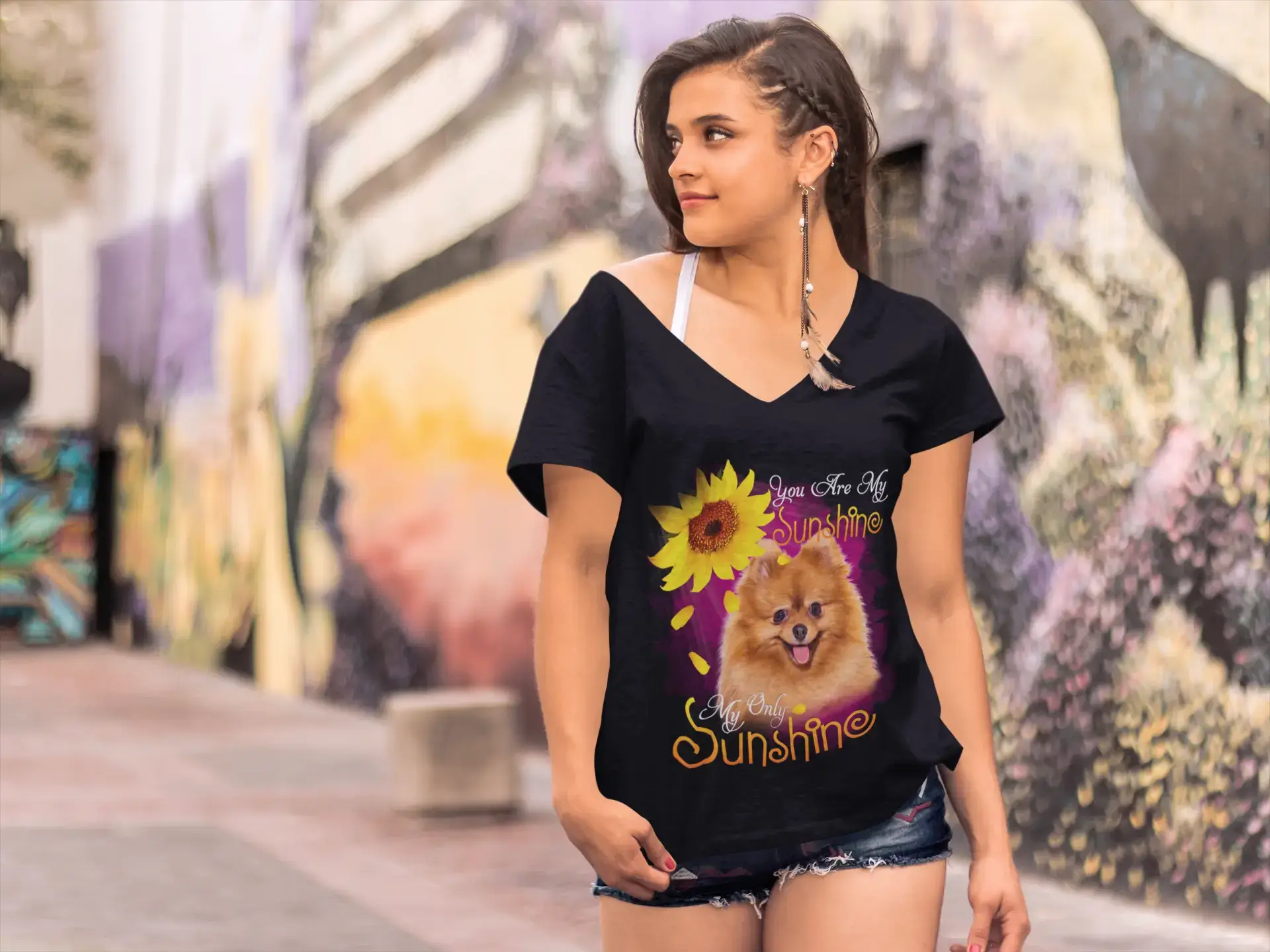 ULTRABASIC Women's V-Neck T-Shirt My Only Sunshine - Pomeranian - Vintage Shirt Denim Fabric Leather Fabric Suede Fabric