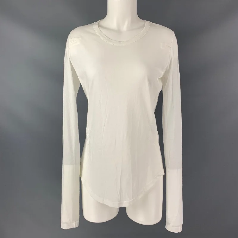 ANN DEMEULEMEESTER Size 2 White Cotton Solid Long Sleeve T-Shirt Ribbed T-Shirt High Neck Heavyweight