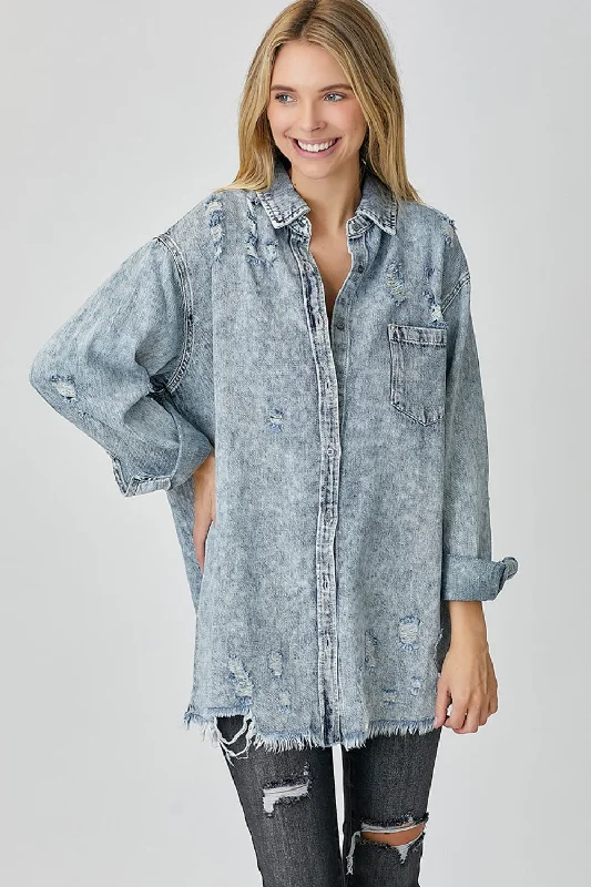 Bae Distressed Raw Hem Denim Shirt Mesh Canvas Denim