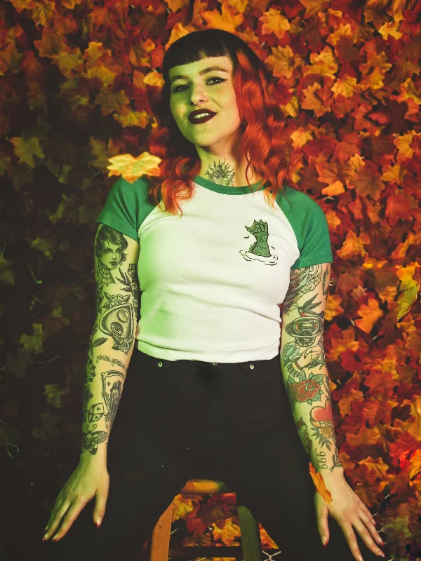 Beware of the Lagoon Short Raglan Cropped baby tee in White/Green Ribbed T-Shirt High Neck Heavyweight