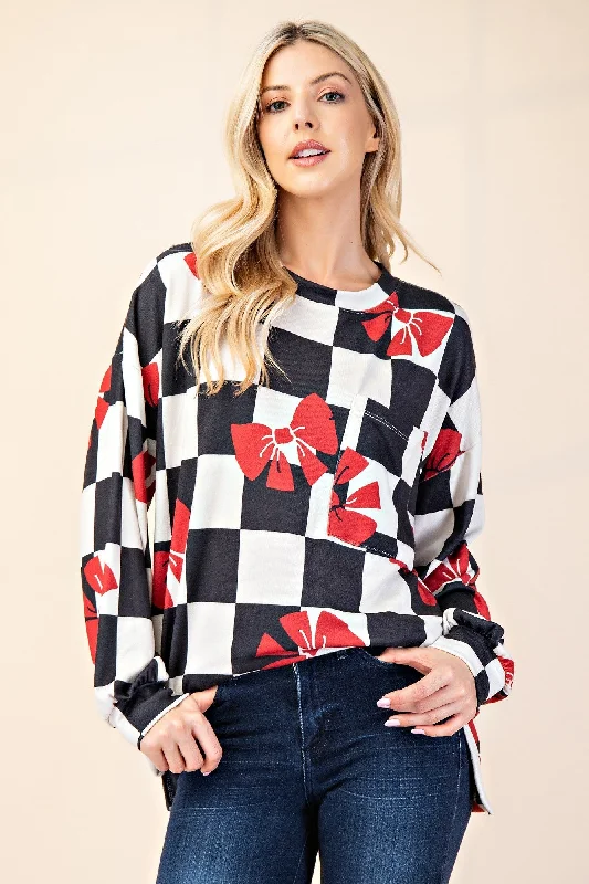 Celeste Full Size Checkered Bow Print Round Neck T-Shirt Terry Blend Velvet Blend Canvas Blend