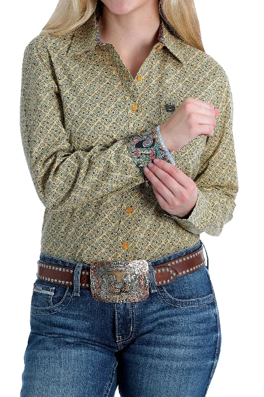 Cinch Ladies Yellow, Blue and Brown Geometric Print Long Sleeved Shirt - MSW9164163 - ON SALE Machine Wash Dry Clean Hand Wash