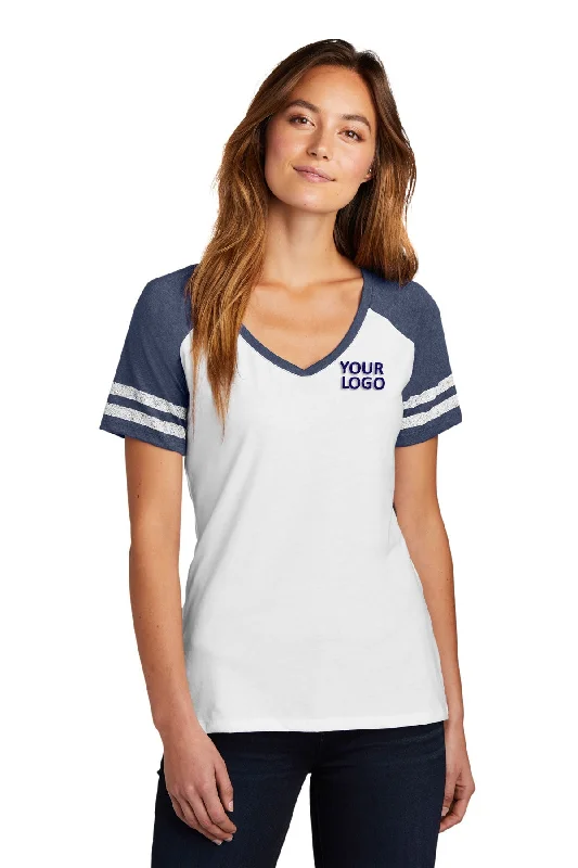 District Made Ladies Game V-Neck Tee's, White/ Heathered True Navy Satin Fabric Silk Fabric Chiffon Fabric