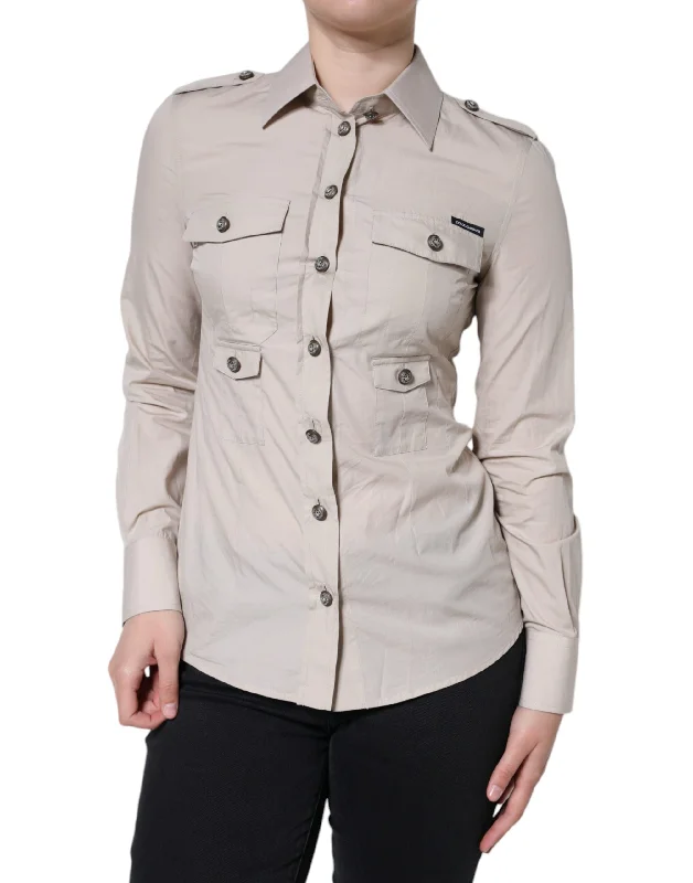 Dolce & Gabbana Beige Cotton Collared Button Down Shirt Top Houndstooth Herringbone Solid