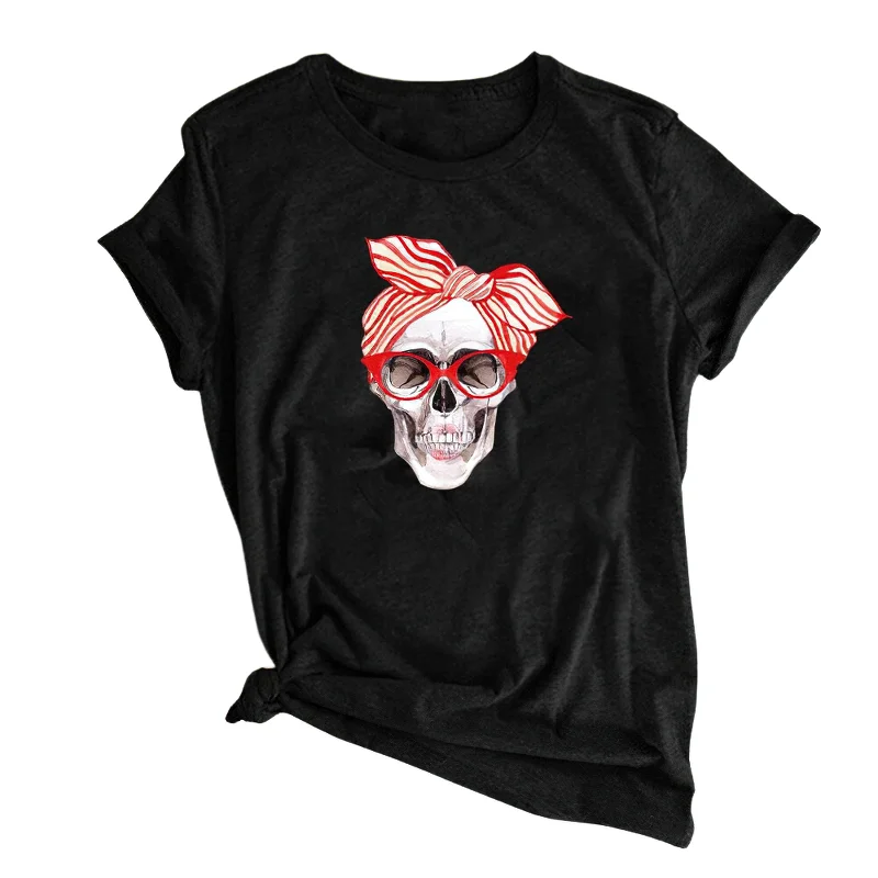 Female Rock Style Short Sleeve T-Shirt / Stylish Casual Clothing With Skull Print Print Jacquard Patchwork