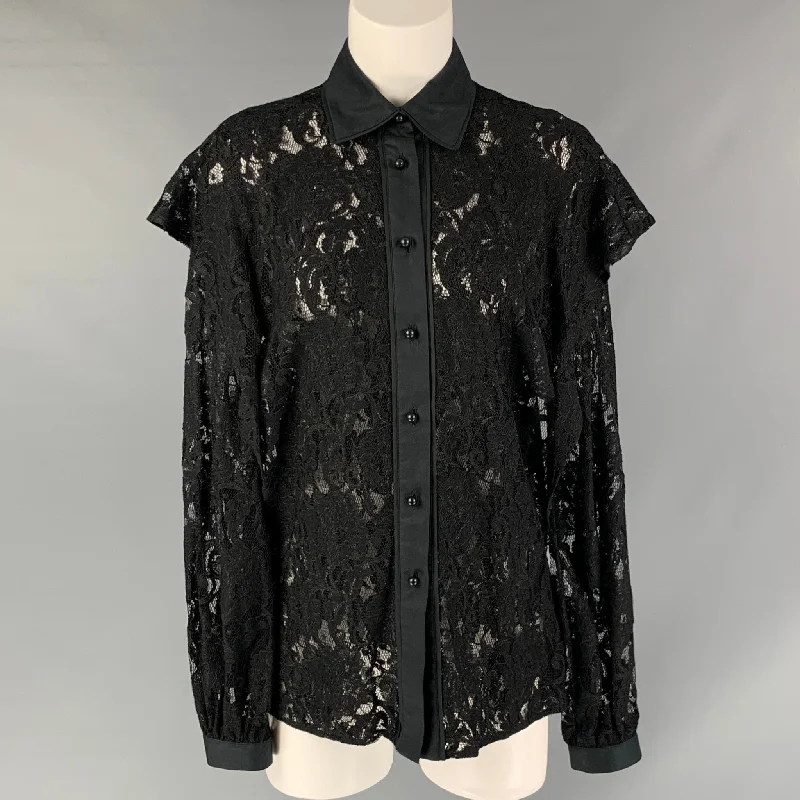 FRANCESCO SCOGNAMIGLIO Size 4  Black Polyeste Lace Button Up  Shirt Front Pockets Side Pockets Patch Pockets