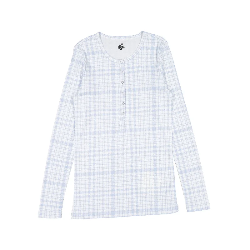 FYI White/Blue Plaid Henley T-Shirt Mesh Blend Leather Blend Suede Blend