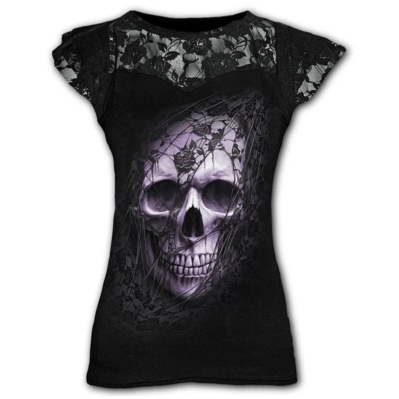 Goth Graphic Lace Black T-Shirt for Women / Cool Female Punk Short Sleeves T-Shirts Hooded Caped Shawl Collar