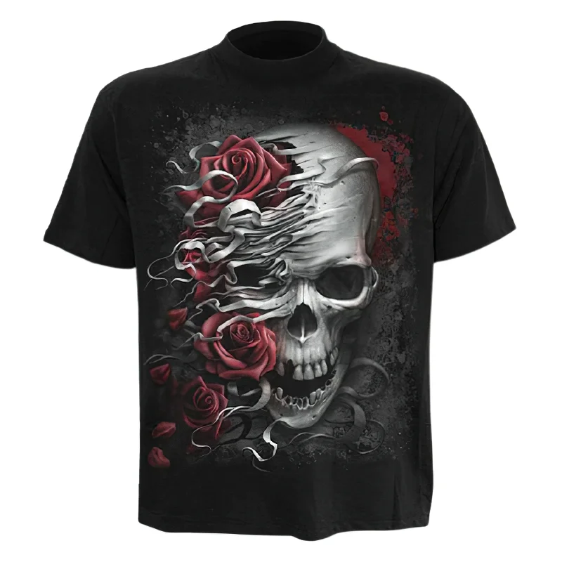 Gothic Fashion T-shirt with 3D Print Skull and Roses / Black T-Shirts Short Sleeve and Round Neck Polka Dot Checkered Tartan