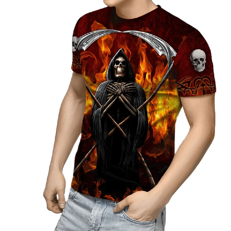 Gothic Style 3D Print T-shirt for Men / Alternative Fashion Short Sleeve T-shirts with Demon Embroidered Appliqued Beaded