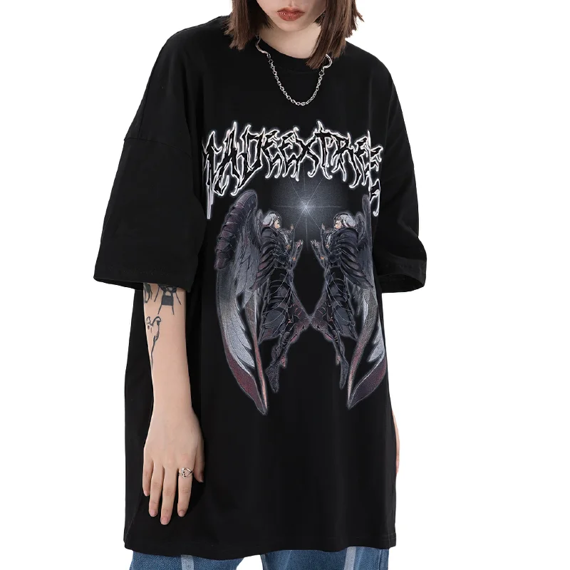 Gothic Style T-Shirt for Men and Women / Casual Loose Top for Everybody Denim Fabric Leather Fabric Suede Fabric