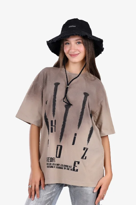 Printed Round Neck T-shirt -Beige Elegant Classic Vintage