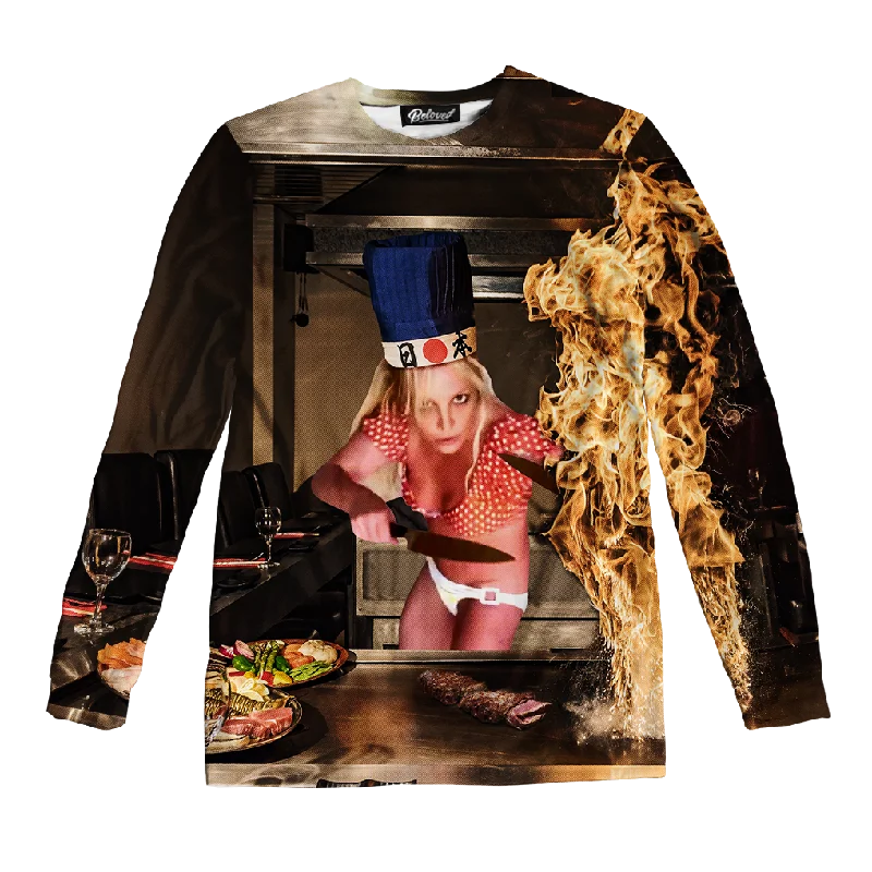 Hibachi Chef Spear Unisex Long Sleeve Tee Graphic Embroidered Appliqued
