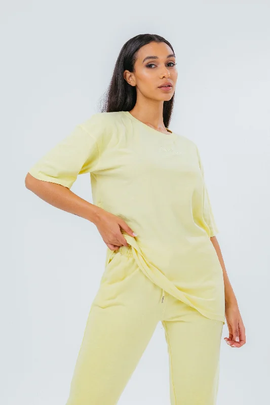 HYPE WASHED YELLOW SCRIBBLE LOGO WOMEN'S OVERSIZED T-SHIRT Striped Floral Plaid