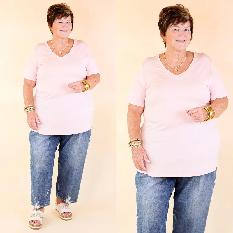 It's That Simple Solid V Neck Tee in Pastel Pink Iron Safe Non-Iron Wrinkle Free