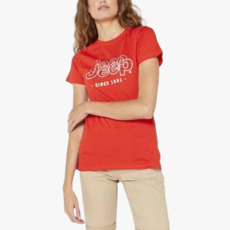 Jeep Womens Applique Short Sleeve Tee Crimson Polka Dot Checkered Tartan