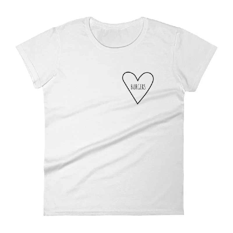 Love Burgers Heart: White Ladies T-Shirt Zippered Front Buttoned Front Snap Front