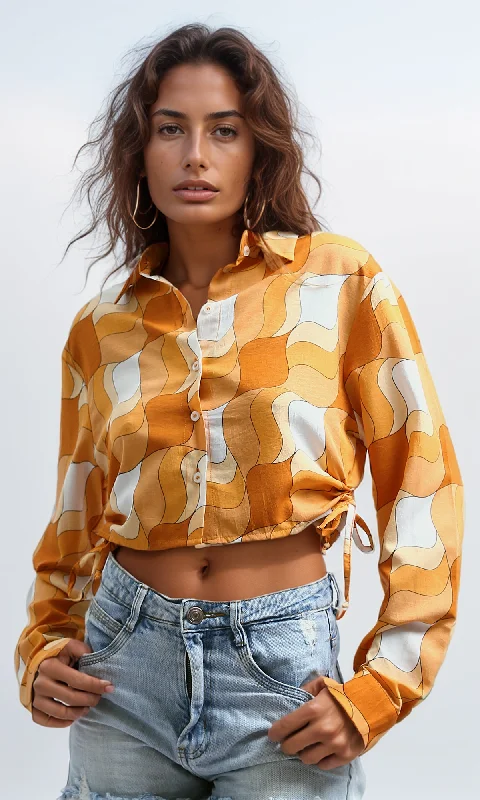 O191217 Summer Patterned Shirt Button Turn Down Collar - Orange & White Mesh Blend Leather Blend Suede Blend