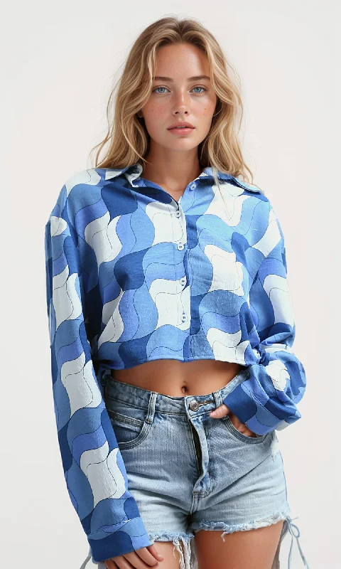 O191218 Buttoned Short Shirt With Side Drawstring - White & Blue Spandex Blend Rayon Blend Denim Blend