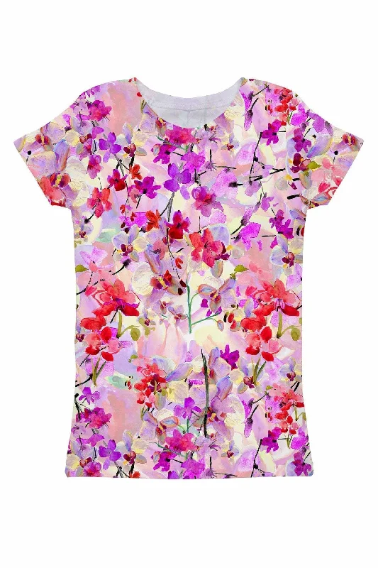 Orchid Caprice Zoe Purple Floral Print Designer Tee - Women Jersey Fabric Tulle Fabric Batik Fabric