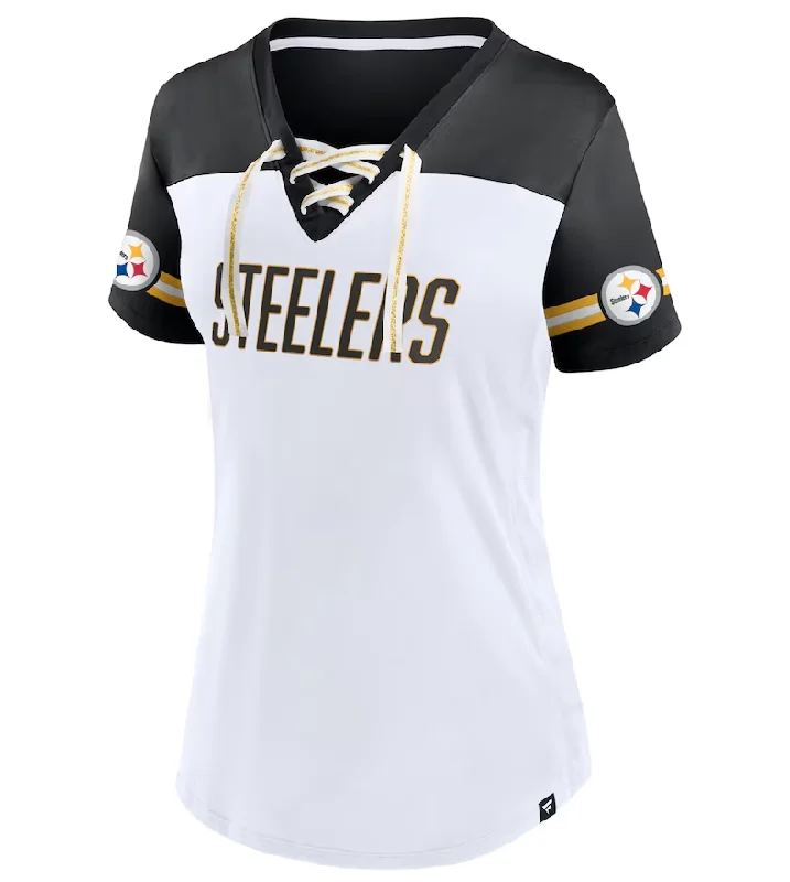 Pittsburgh Steelers TJ Watt Women's Dueling Slant V-Neck Lace-Up T-Shirt - White Anti-Pilling Machine Wash Handmade
