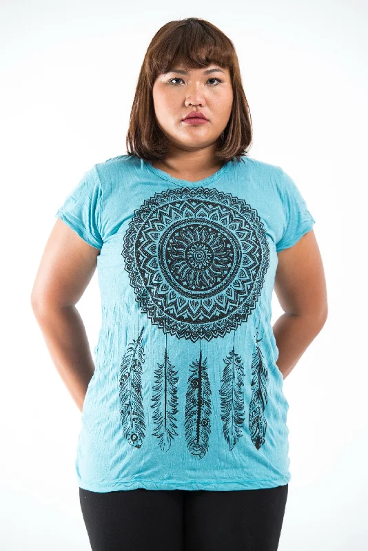 Plus Size Sure Design Women's Dreamcatcher T-Shirt Turquoise Ribbed Striped Patterned