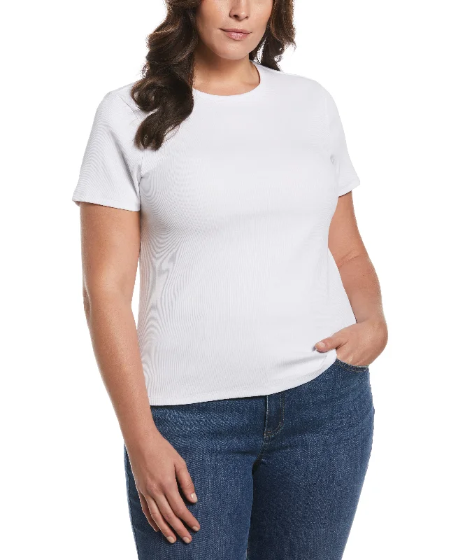 Plus Size Ribbed Crew Neck Tee Chenille Brocade Lace