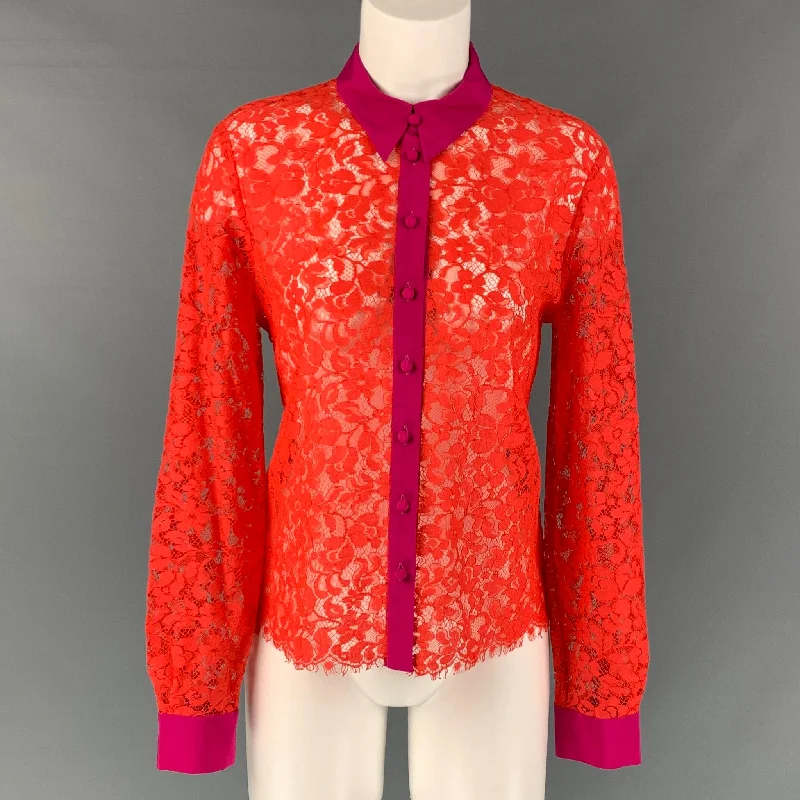 ROBERTO CAVALLI Size 4  Fuchsia & Orange Lace Cotton Blend Button Up Shirt Striped Floral Plaid