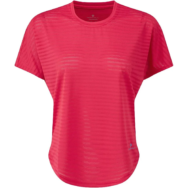 Ronhill Momentum Flow Women's T-Shirt, Cherryade/Sky Blue Seamless Knitted Crochet