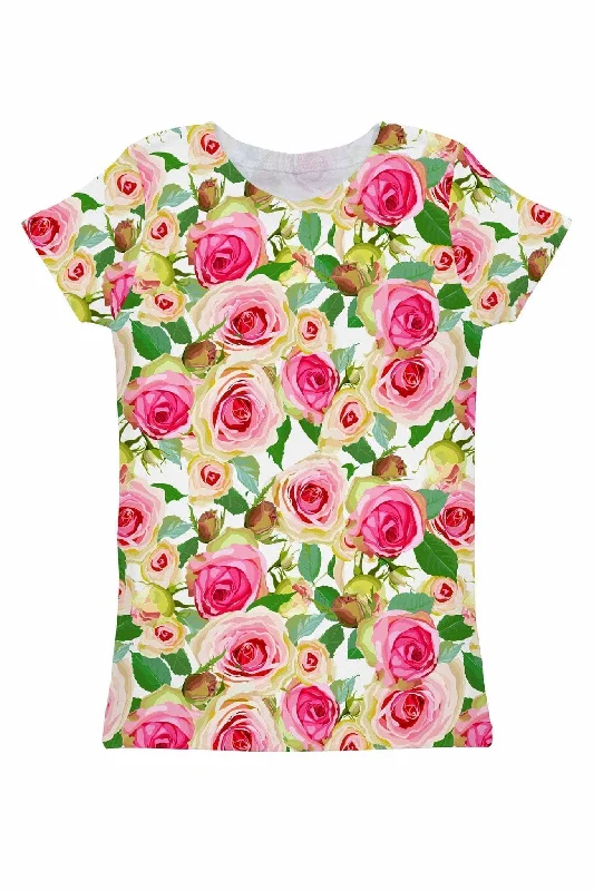 Rosarium Zoe Pink & Green Floral Print Designer Tee - Women Collared Crew Neck Turtle Neck