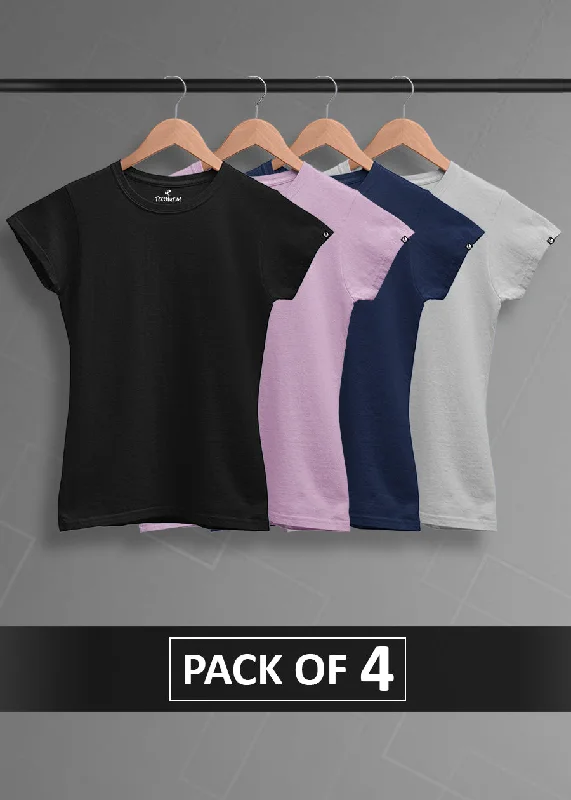 Solid Half Sleeve T-Shirt Women Combo - Pack of 4 Cotton Fabric Linen Fabric Terry Fabric