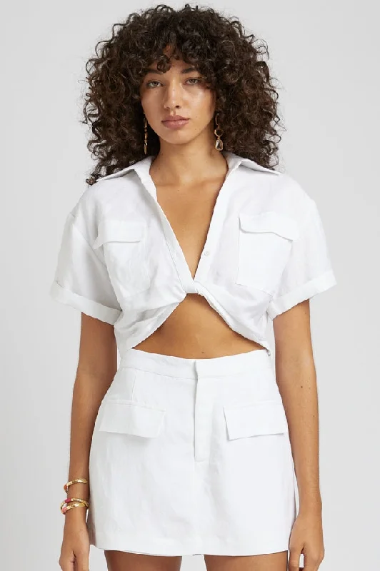 SUMMI SUMMI Womens Cropped White Linen Twist Shirt Oversized T-Shirt Spandex breathable