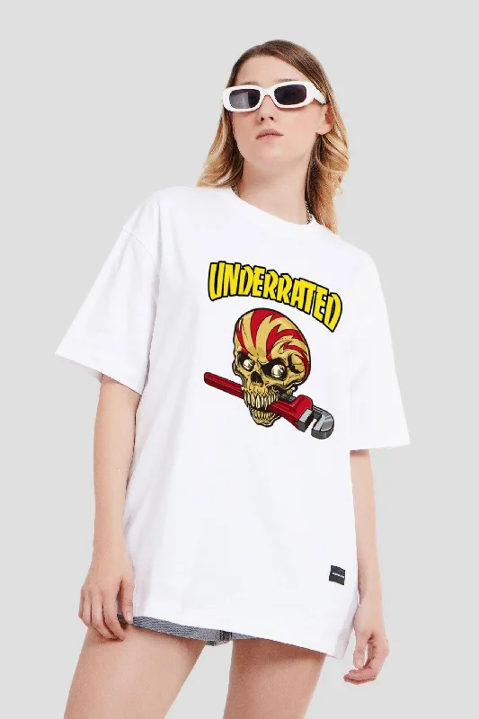 Underrated Skullanic White Printed T-Shirt Women Oversized Fit Denim Fabric Leather Fabric Suede Fabric