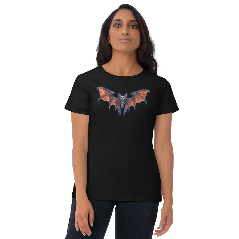 Vampire Bat Skeleton w/ Whimsical Goth Wings Women's Short Sleeve Babydoll T-shirt Hooded Caped Shawl Collar