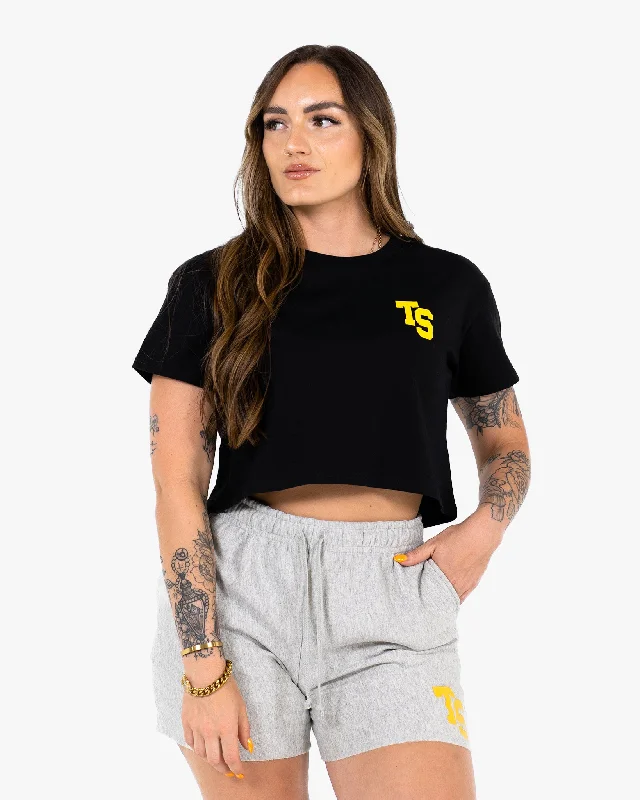 WKND Crop Tee - Black w/ Yellow Beaded Sequined Faux Fur