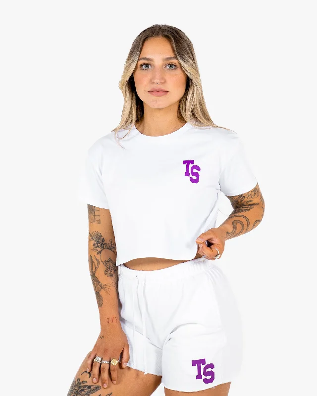 WKND Crop Tee - White w/ Purple Machine Wash Dry Clean Hand Wash